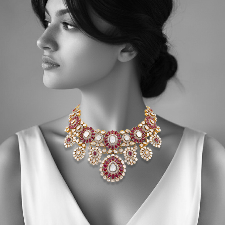 Ruby and Polki Floral Necklace with Diamond Accents